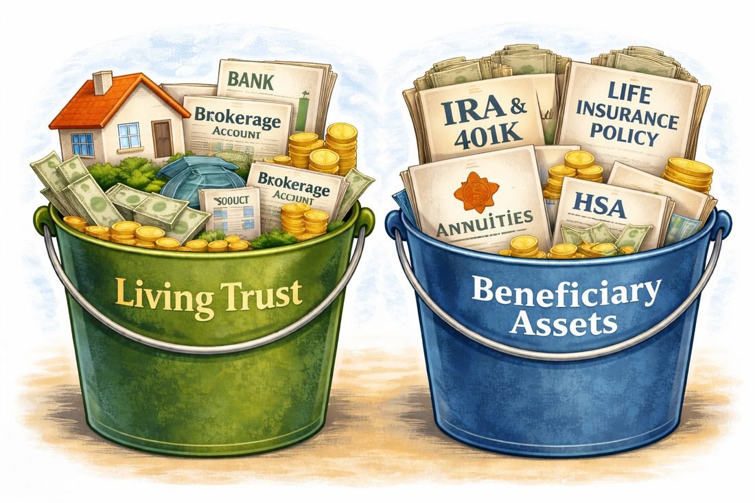 Two buckets: a green Living Trust bucket and a blue Beneficiary Assets bucket