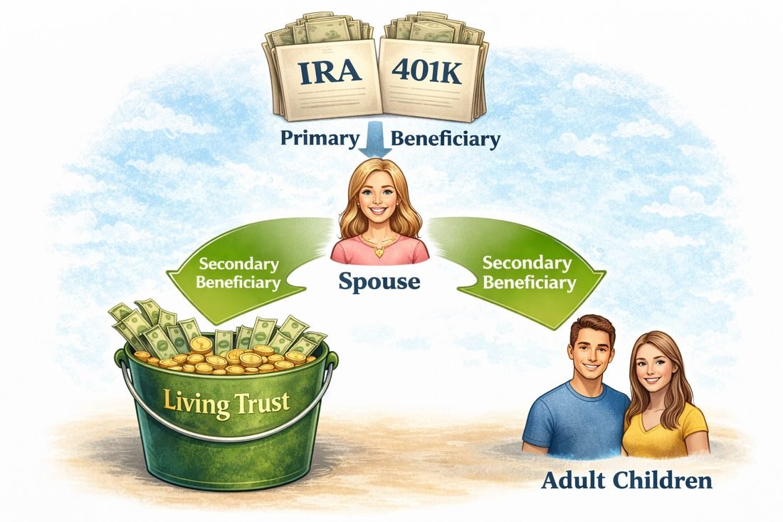 IRA and 401k naming a spouse as primary beneficiary, with the living trust or adult children as secondary beneficiary
