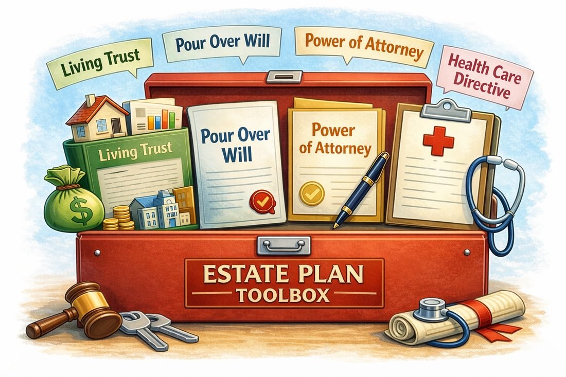 Toolbox labeled Estate Plan holding a living trust, pour over will, power of attorney and health care directive